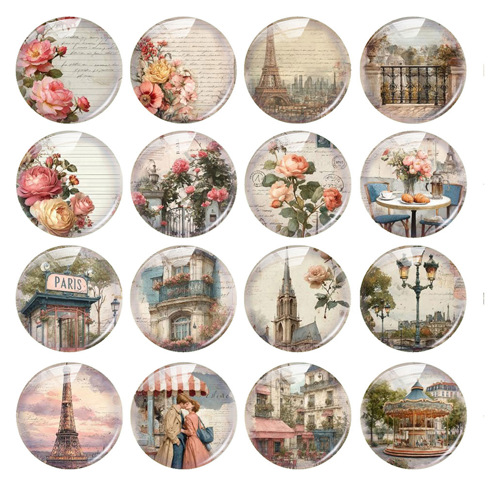 Jewelry Making Paris - คาโบชองแก้วรูปทรงกลม/วงรี/สี่เหลี่ยม ลายดอกกุหลาบ วินเทจ ลายการ์ตูนปารีส สำหรับงาน DIY