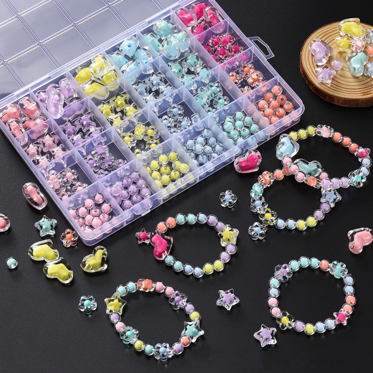 Jewelry Making For Birthday Party - ลูกปัดอะคริลิครูปหัวใจ 174 ชิ้น/กล่อง ลูกปัดทรงกลมสำหรับทำสร้อยข้อมือ พวงกุญแจ และเครื่องประดับ