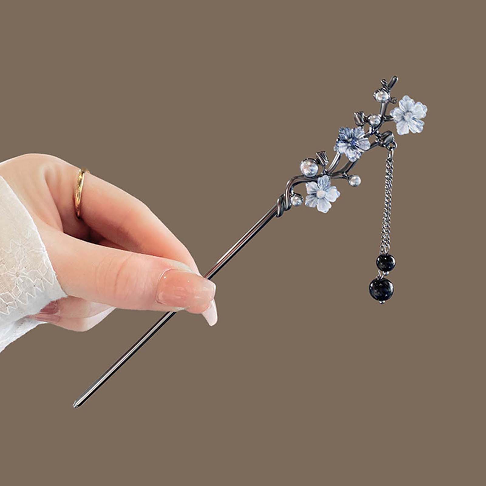 Jewelry Making Parts - กิ๊บติดผมแบบคลาสสิก ลายดอกไม้สีหมึก ประดับพู่โลหะ สำหรับผู้หญิง ประดับมุกสีดำ ลูกปัด