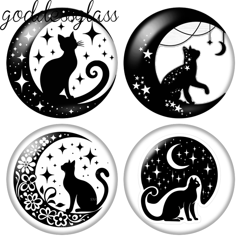 Jewelry Making Drawing - ภาพวาดแมวดำน่ารัก Moon&Star รักแมว 10p 12มม./18มม./20มม./25มม. แก้วคาโบชองรูปทรงกลมแบบแบน