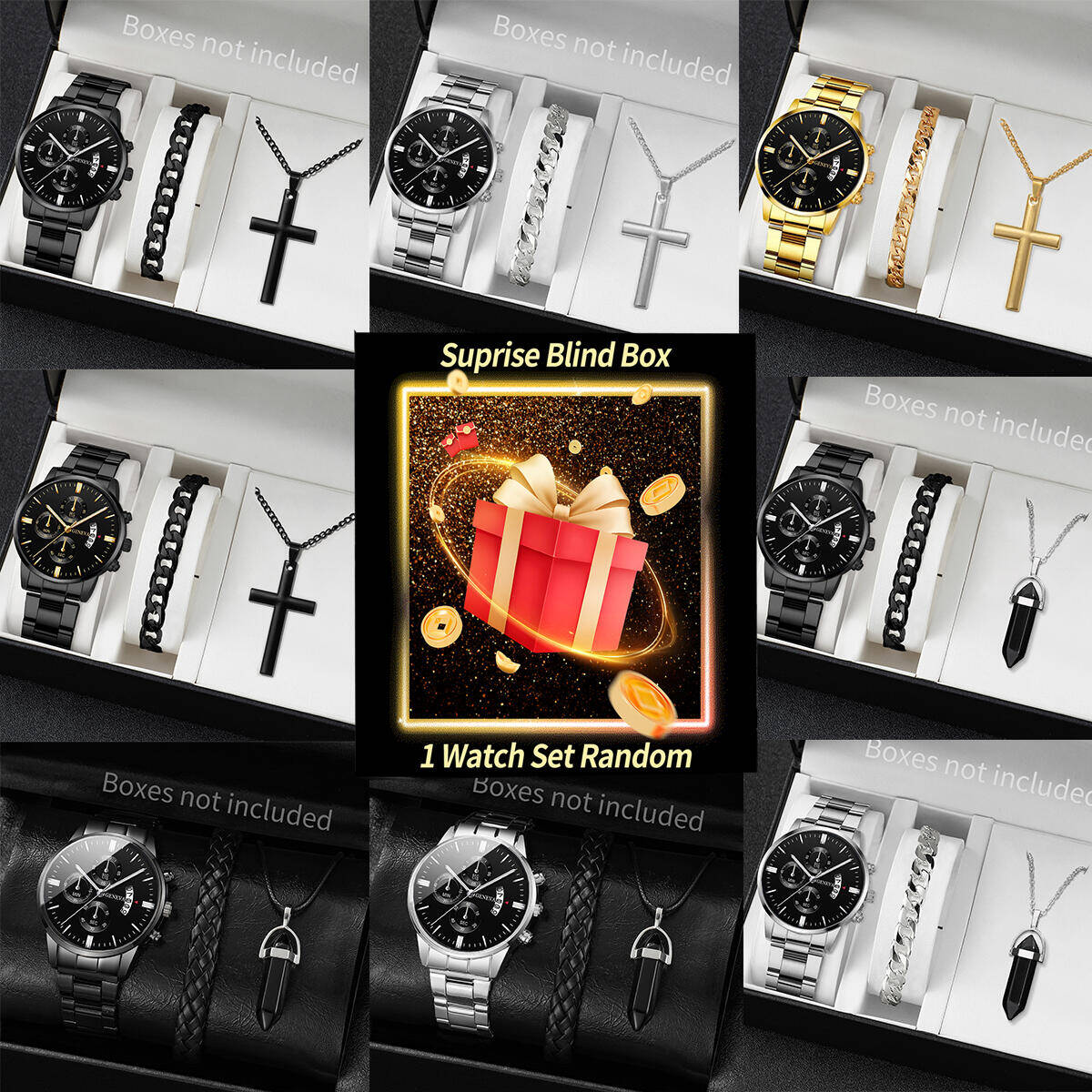Jewelry Making Box - นาฬิกาข้อมือเซอร์ไพรส์แบบสุ่ม-ชุด 3 ชิ้น/ชุด นาฬิกาควอตซ์แฟชั่นผู้ชายพร้อมปฏิทิน ชุดเครื่องประดับ Reloj